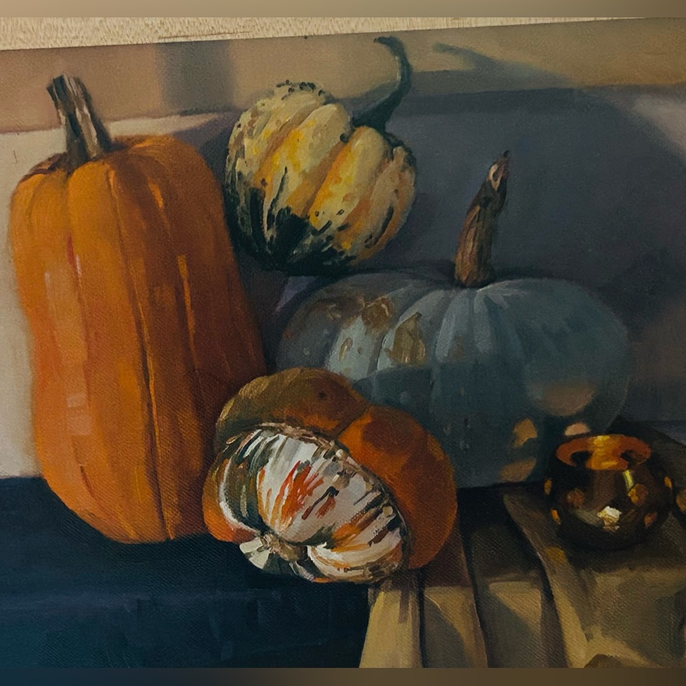 Artist Sarah Sedwick original oil on canvas painting titled “Squash Harvest.”